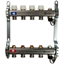 Коллектор с запорными клапанами и сливными кранами 4 вых. (Stout)